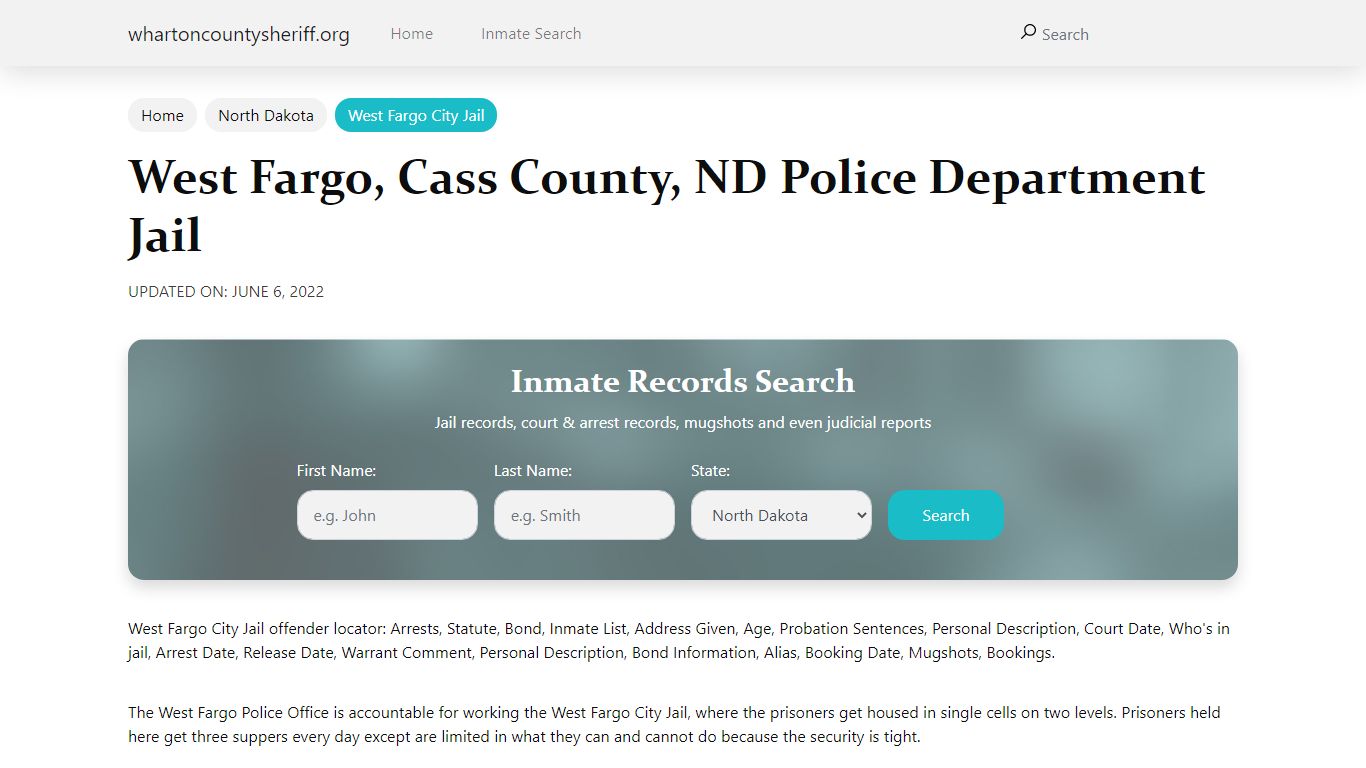 West Fargo, ND City Jail Inmates, Arrests